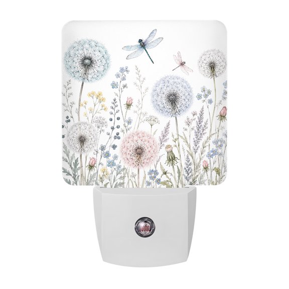 Dandelion Fluff Balls Night Light, Spring Country Dragonflies Blue Pink Floral Plug in Night Lights with Dusk to Dawn Sensor, Energy Saving White LED Nightlight for Bedroom Bathroom, Auto On/Off