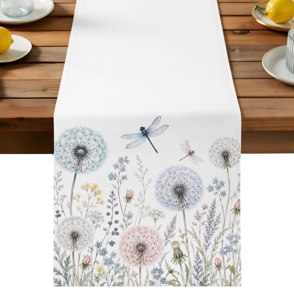 Dandelion Fluff Balls Table Runner, Spring Country Dragonflies Blue Pink Floral Washable Kitchen Table Runners Dress Scarves for Dining Table Decorations Party/Restaurant/Indoor Outdoor Use, 13x36in