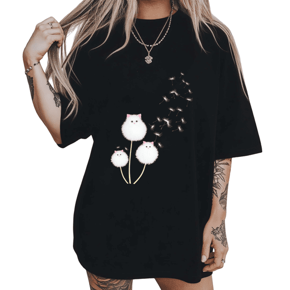 Dandelion Fluffy Cat Kitten Silhouette Graphic Short Sleeve T-Shirt Crewneck Black Tops
