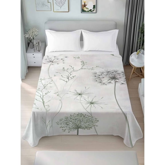 Dandelion Green Botanical Full Size Flat Sheet, Wrinkleproof & Fadeproof Cooling Flat Bed Sheet Only, Vintage Watercolor Floral Breathable Soft Bedding Top Sheets 81 x 96 Inches
