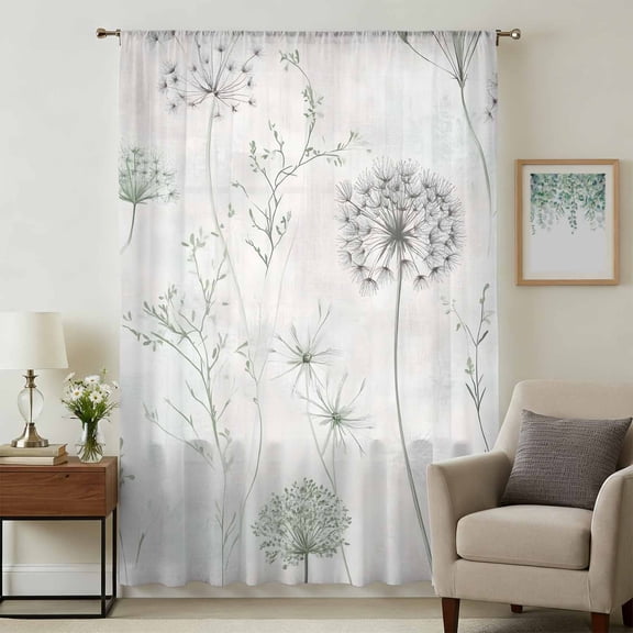 Dandelion Green Botanical Sheer Curtains 45 Inches Long, Vintage Watercolor Floral Light Filering Curtains, Breathable Simi Curtain Privacy Drapes for Kitchen Bathroom Small Window Treatment