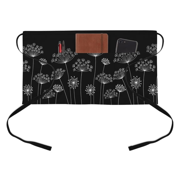 Dandelion Half Waist Apron Spring White Dandelion Floral Black Background Short Waiter Aprons with 3 Pockets for Women Men Kitchen Restaurant Cooking