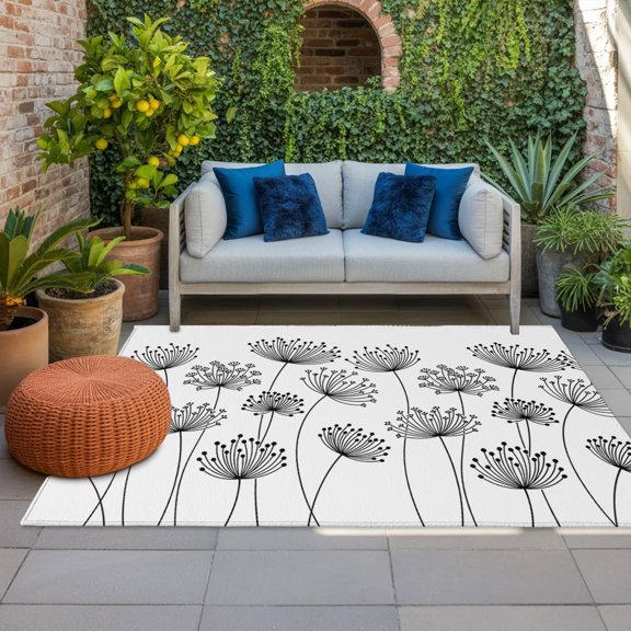 Dandelion Indoor Outdoor Rugs 3x5 Ft, Spring Fields Black Dandelion Floral Outdoor Patio Rugs Mat Washable Outside Area Rugs Carpet for Porch Deck RV Camping Pool Balcony Backyard