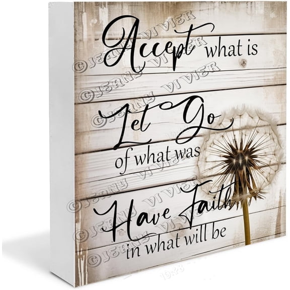 Dandelion Inspirational Quote Accept What is Wooden Box Sign Inspirational Quote Gifts for Women Funny Shabby Chic Art Shelf Decor for Bedroom Wood Block Signs 5"x5"