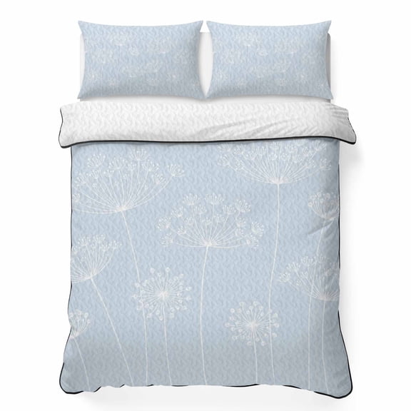 Dandelion King Quilt Bedding Set, Spring White Dandelion Floral Blue Background Lightweight Comforter with 2 Pillow Shams Bedroom Bedspread Set Home Decor for All Seasons