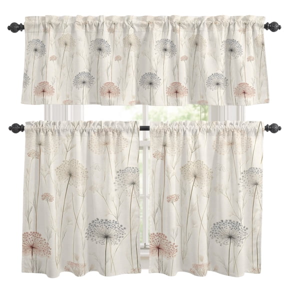 Dandelion Kitchen Curtains Set for Windows, Retro Flower Leaf Farmhouse Botanical Watercolor Curtains Valance and Tier 3 Piece Set Small Drapes 24 Inch Length for Kitchen Bedroom Decor