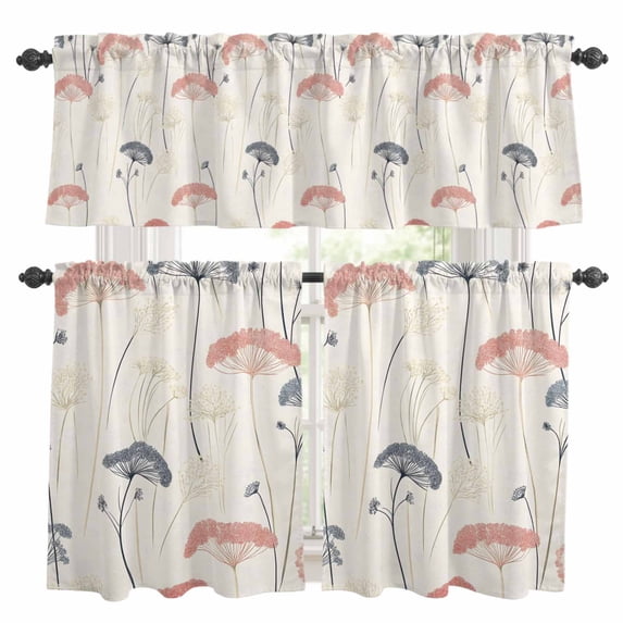 Dandelion Kitchen Curtains Valances and Tiers Set of 3 Vintage Flower Leaf Farmhouse Botanical Watercolor Tier Curtains and Valance with Rod Pocket for Small Windows, 27.5"x36"