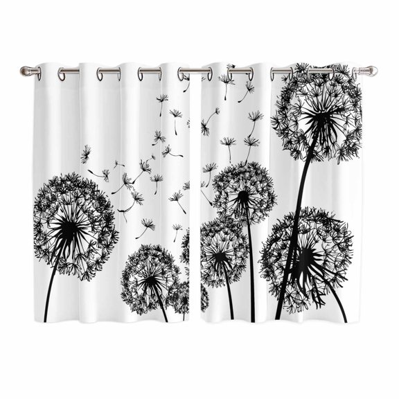 Dandelion Kitchen Curtains Window Panels, Black White Modern Country Rustic Plants Insulated Window Treatment Curtain, Grommet Curtains for Bedroom/Living Room/Bathroom, 2 Piece 52"Wx72"L