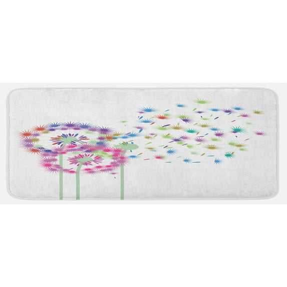 Dandelion Kitchen Mat, Colorful Blowball Flowers in Wind Flying Away Spring Season Inspiration, Plush Decorative Kitchen Mat with Non Slip Backing, 47" X 19", Multicolor, by Ambesonne