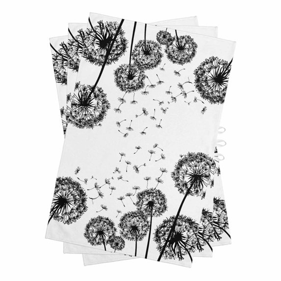Dandelion Kitchen Towels Set of 3, Water Absorbent Dish Towel, Black White Modern Country Rustic Plants Decorative Hand Towels - Quick Drying Cloth for Cooking Baking, 18x28 Inch