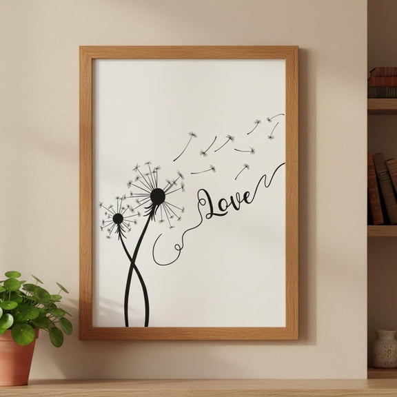 Dandelion Love Print | Minimalist Wall Art | Romantic Black & White Home Décor, Unframed Canvas Size 8x12