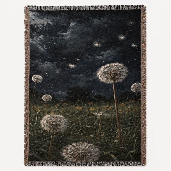 Dandelion Night Sky Woven Cotton Throw Blanket, Fringed Botanical Accent, Made in USA