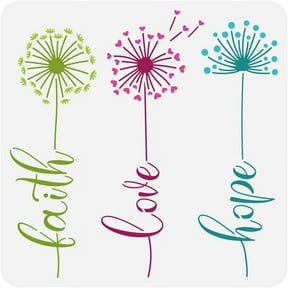 Dandelion Painting Stencil 11.8x11.8 Inch Reusable Flowers Words Template - Plastic PET 'Faith' 'Hope' 'Love' Drawing Plants Theme