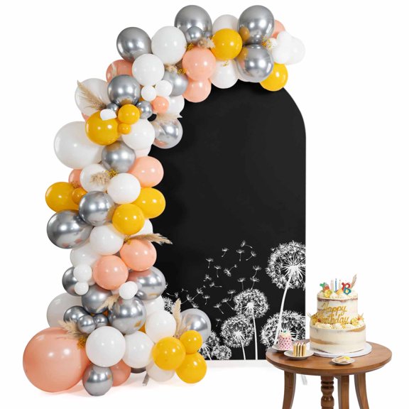 Dandelion Plants Arch Backdrop Cover 4FT Vintage White Dandelions Blossom Flying Fluffy Black Back Spandex Fitted Arch Covers Stretchy Backdrop Decoration for Wedding Birthday Graduation Party