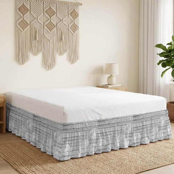 Dandelion Plants Bed Skirt California King Size 18 Inch Drop, Vintage White Dandelions Blossom Flying Fluffy Grey Wood Grain Wrap Around Dust Ruffle Bedskirt with Adjustable Elastic Belt