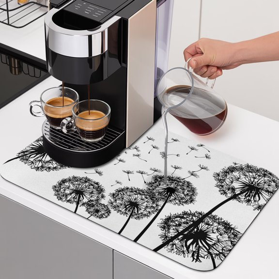 Dandelion Plants Dish Drying Mats for Kitchen Counter, Vintage Black Dandelions Blossom Flying Fluffy Absorbent Coffee Bar Mat with Non-slip Rubber Backed Quick Drying Dish Rack Pad 12"x16"