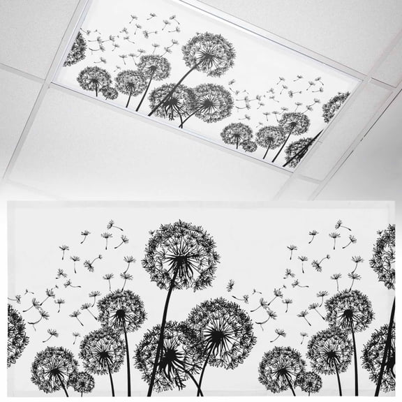 Dandelion Plants Fluorescent Light Covers Vintage Black Dandelions Blossom Flying Fluffy Magnetic Light Filters Ceiling Lighting Panel Shade for Classroom Office Home 2 x 4 ft, 1 Pack