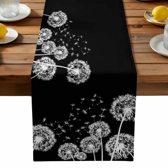 Dandelion Plants Table Runner, Vintage White Dandelions Blossom Flying Fluffy Black Back Washable Kitchen Table Runners Dress Scarves for Dining Table Decorations Party, 13x108in