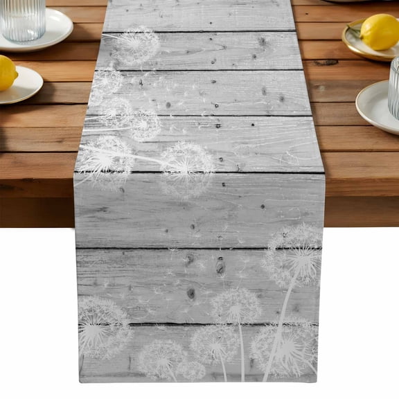 Dandelion Plants Table Runner, Vintage White Dandelions Blossom Flying Fluffy Grey Wood Grain Washable Kitchen Table Runners Dress Scarves for Dining Table Decorations Party, 13x36in