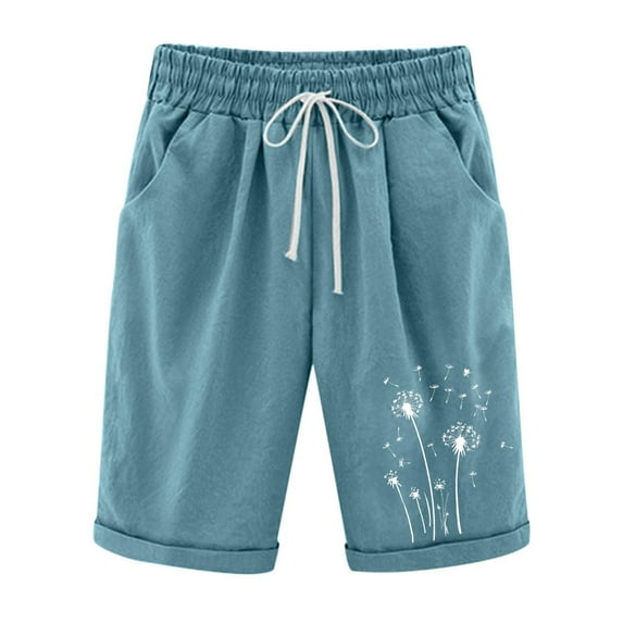 Dandelion Print Bermuda Shorts Dressy Cotton Linen Summer Casual Elastic Waist Shorts Beach Knee Length Pants
