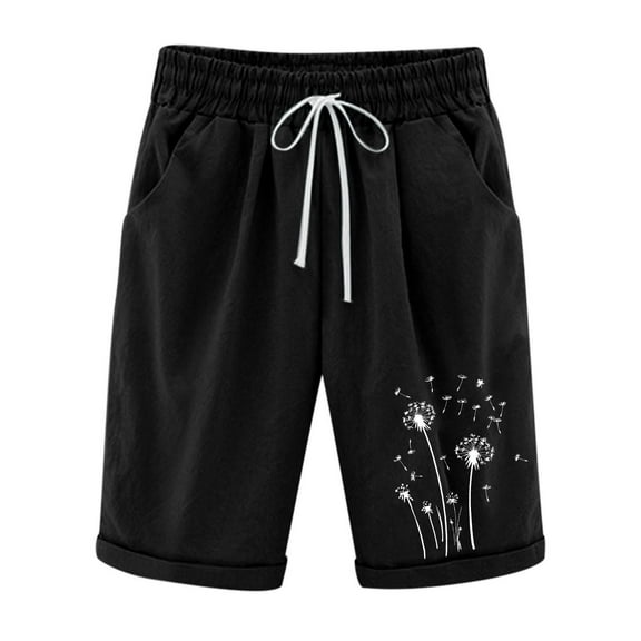 Dandelion Print Bermuda Shorts Dressy Cotton Linen Summer Casual Elastic Waist Shorts Beach Knee Length Pants