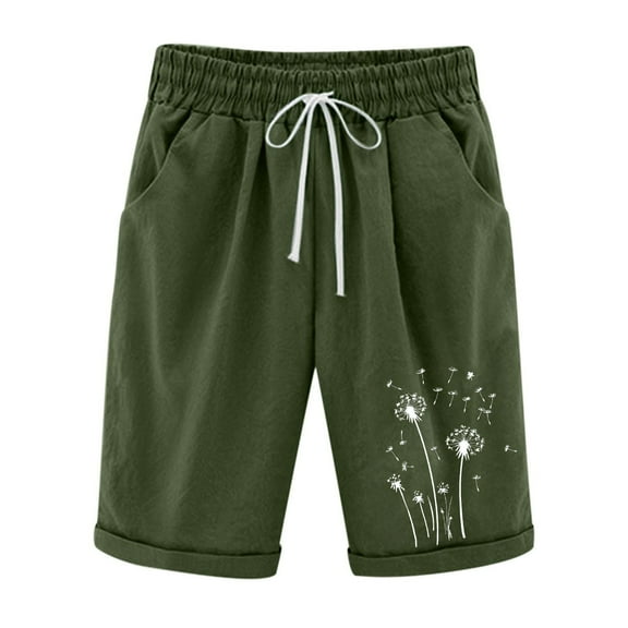 Dandelion Print Bermuda Shorts Dressy Cotton Linen Summer Casual Elastic Waist Shorts Beach Knee Length Pants