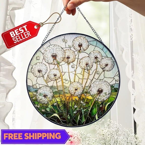 Dandelion Puffball Suncatcher, Glass-Effect Round Sunset Meadow Panel