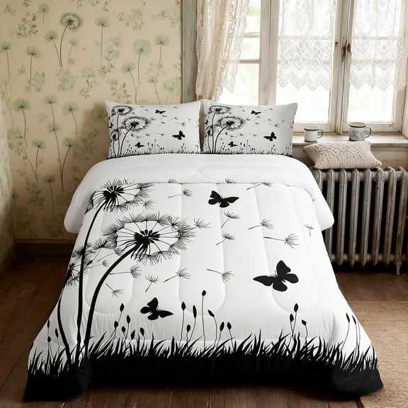 Dandelion Queen Comforter Set Rustic Floral Bedding with 2 Pillowcases for Kids Teens Girls Boys Room Decor Black White Duvet Insert