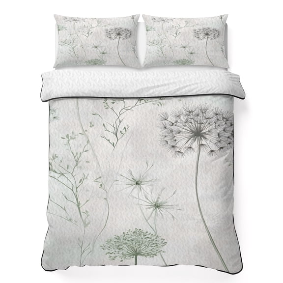 Dandelion Queen Quilt Bedding Set, Vintage Watercolor Flower Leaf Farmhouse Botanical Lightweight Comforter with 2 Pillow Shams Bedroom Bedspread Set Home Decor for All Seasons
