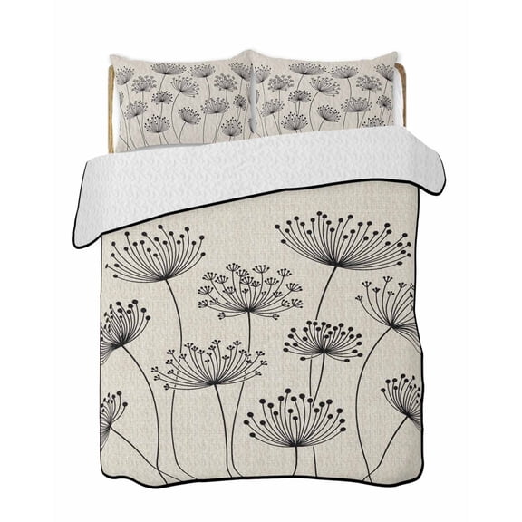 Dandelion Quilts Bedding Set California King Spring Country Black Dandelion Floral Linen Texture Lightweight Quilted Bedspread 3 Piece Bed Quilt with 2 Pillow Shams All Season for Bedroom 96" x 106"