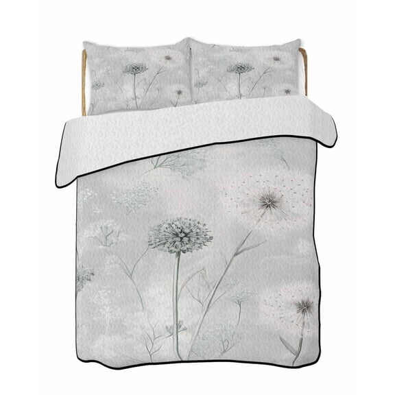 Dandelion Quilts Bedding Set Full Size Vintage Flower Leaf Rustic Botanical Farmhouse Lightweight Quilted Bedspread 3 Piece Bed Quilt with 2 Pillow Shams All Season for Bedroom 68" x 98"