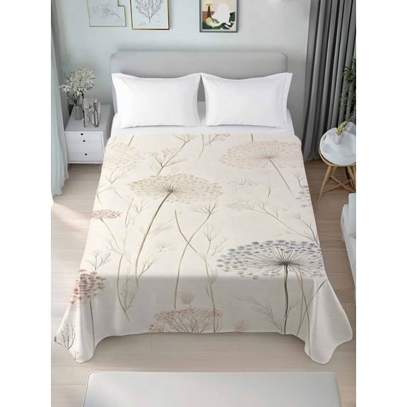 Dandelion Retro Leaves King Size Flat Sheet, Wrinkleproof & Fadeproof Cooling Flat Bed Sheet Only, Farmhouse Botanical Watercolor Breathable Soft Bedding Top Sheets 105 x 98 Inches
