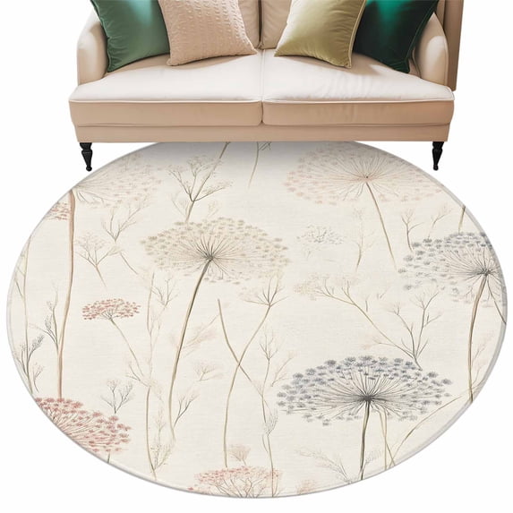 Dandelion Retro Leaves Large Area Rugs for Bedroom Living Room, Soft Non Slip Carpet Bedside Rug, Farmhouse Botanical Watercolor Round Floor Cover Kitchen Accent Rug 6' for Dining Room/Office