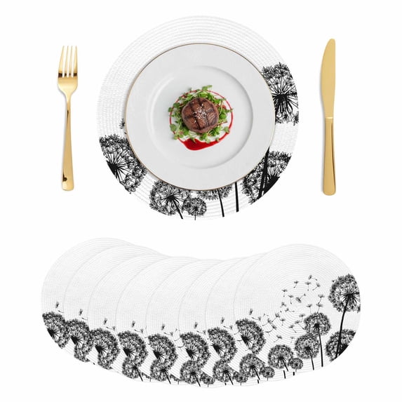 Dandelion Round 13 Inch Placemats Set of 8, Black White Modern Country Rustic Plants HeatResistant Non Slip Place Mats for Dining Table, Wipeable Braided Kitchen Table Mats for Housewarming