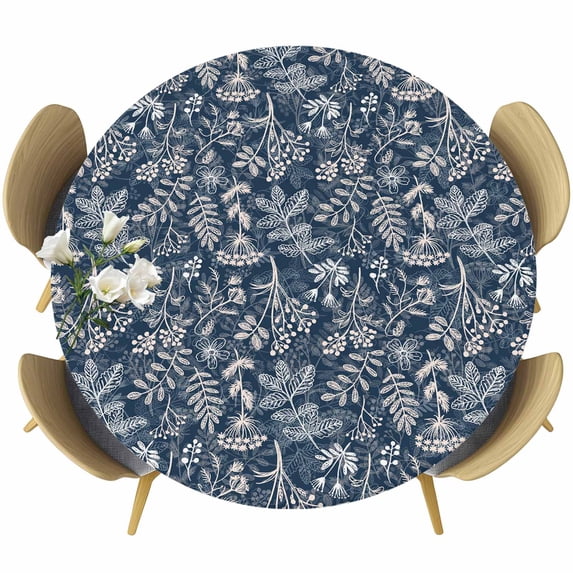 Dandelion Round Tablecloth, Fitted Table Cover with Elastic for 45"-54" Round Tables, Navy Blue Flowers Modern Minimalist Spring Table Cloth Outdoor Indoor Dinning Party Waterproof Tablecloths