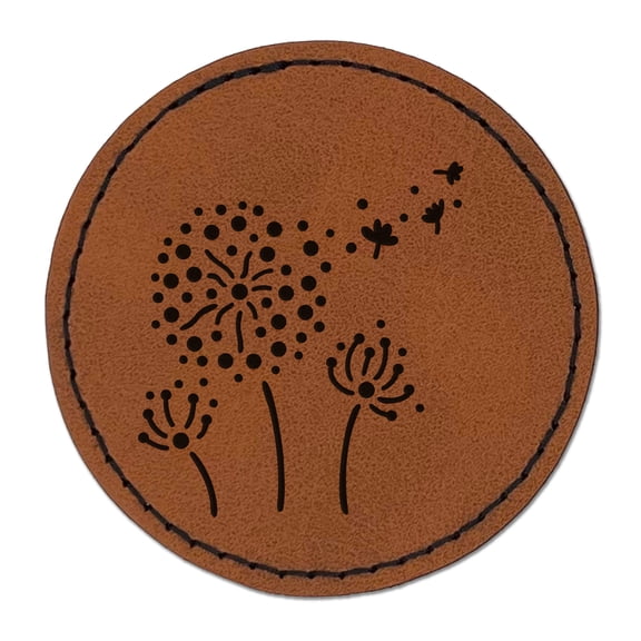 Dandelion Seeds Blowing Away 2.5" Faux Leather Round Engraved Iron-On Patch - Brown