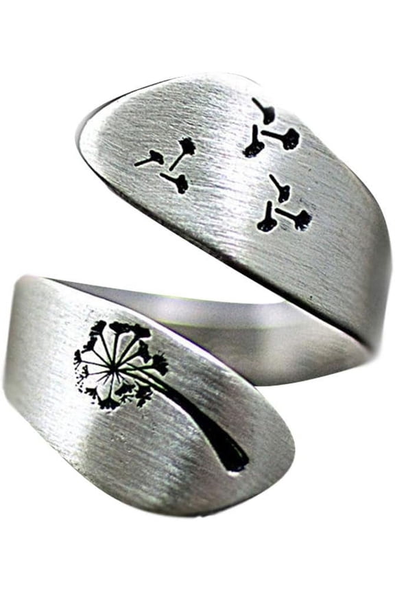 Dandelion and Seeds Flower Wrap Rings for Women Finger Band Statement Vintage Silver Plated Middle Tail Ring Wide Hypoallergenic Adjustable Cute Engagement Promise Dainty Mother Gifts Birthday