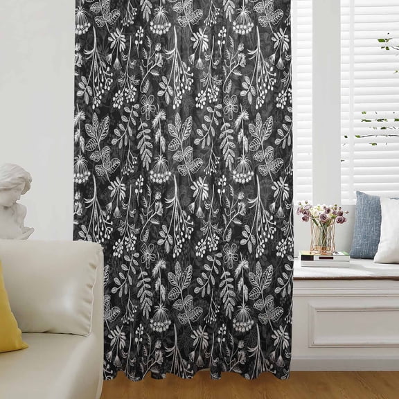 Dandelion Semi Sheer Curtains Drapes for Living Room, Bedroom, French Doors Window 45 Inches Long, Modern Minimalist Abstract Flowers Black Rod Pocket Chiffon Curtain Drapery Voile Draperies Panel