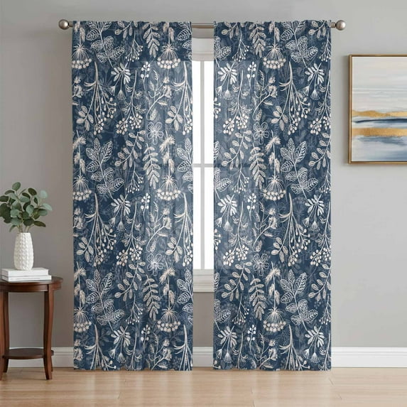 Dandelion Sheer Curtains 63 Inch Length 2 Panels Set, Navy Blue Flowers Modern Minimalist Spring Voile Window Treatment Rod Pocket Curtains Sheers Drapes for Bedroom/Living Room/Kitchen 52x"63"x2