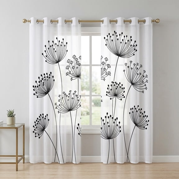 Dandelion Sheer Curtains 84 Inch Long 2 Panels, Spring Fields Black Dandelion Floral Light Filtering Semi Sheer Drapes Grommet Voile Window Curtain for Living Bedroom W52 x L84