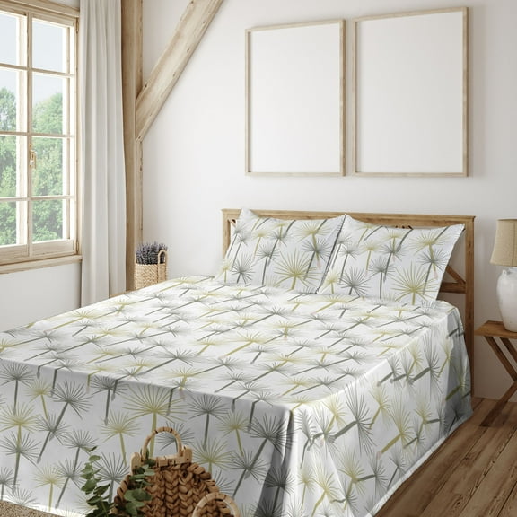 Ambesonne Dandelion Fitted & Flat Sheet with Shams 4 Pcs Set, Art Modern Spring Flowers, King, Pistachio Green White