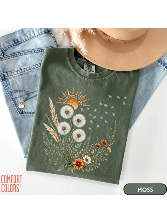 Dandelion Shirt, Boho Wildflower Sun Tee, Botanical Nature Graphic Shirt, Cottagecore Floral Gift for Women
