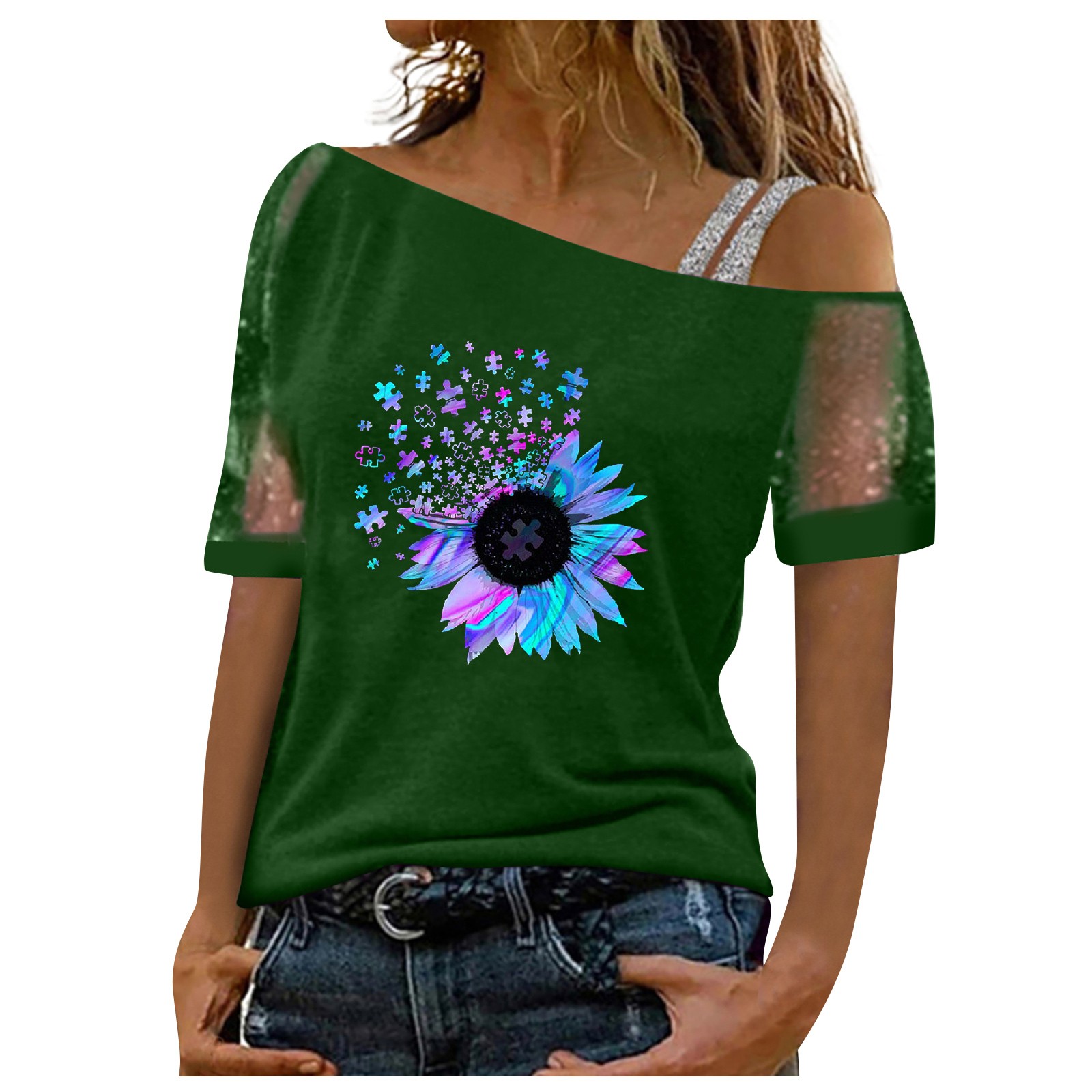 Dandelion Shirts Women Plus Size Polyester Work Sexy Tshirt Cozy Sequin  Cosy Short Sleeve Asymmetric Neck Prime Day Tees for Womens 