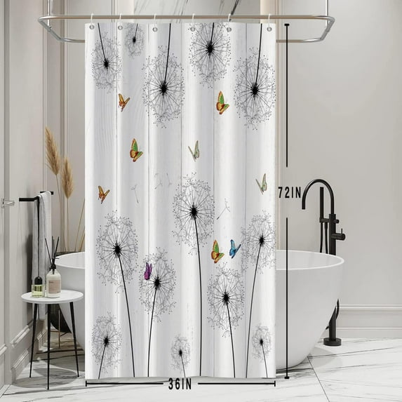 Dandelion Shower Curtain for Bathroom Colorful Butterfly Wild Plants Shower Curtain Waterproof Polyester Fabric Farmhouse Style Home Decorative Shower Curtain with Hooks, 36x72 Inch