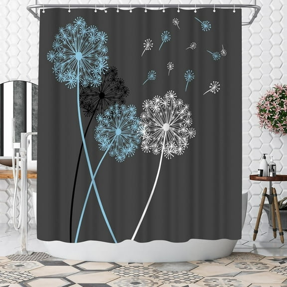 Dandelion Shower Curtain Blue and Grey Gray Shower Curtain Bathroom Decor Polyester Fabric Waterproof With Hooks 60"W x 72"L (Pack of 1)