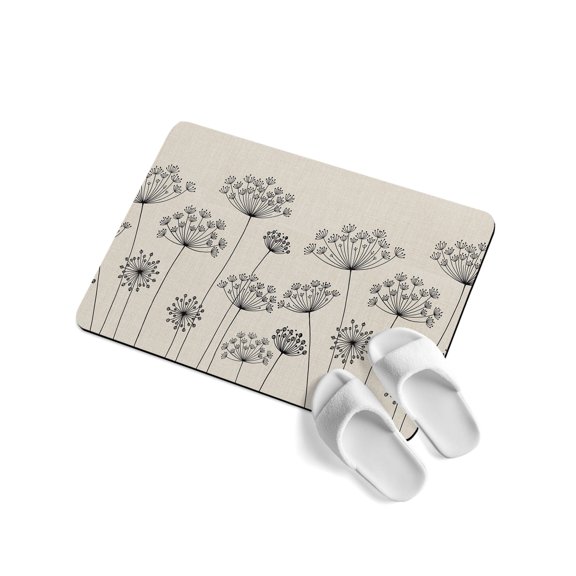 Dandelion Soft Diatomaceous Earth Mat, Spring Black Dandelion Floral Linen Texture Absorbent Bath Mat Non Slip Rubber Backed Quick Dry Doormat Fit Under Door for Bathroom Kitchen 24"x36"