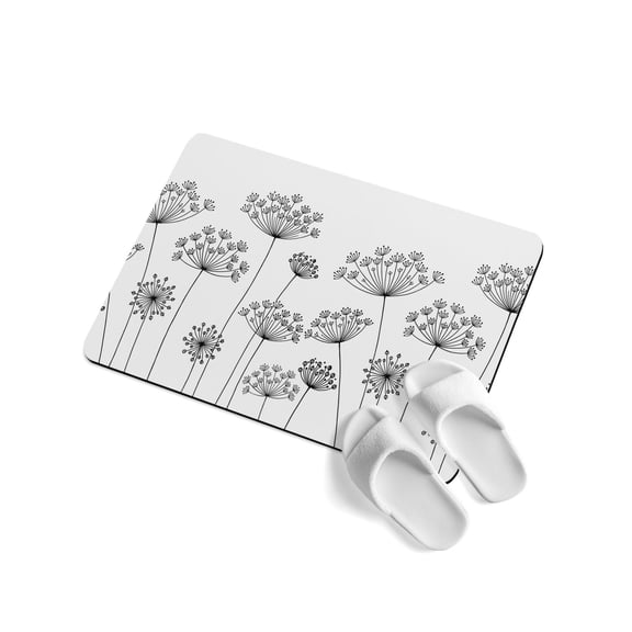 Dandelion Soft Diatomaceous Earth Mat, Spring Country Black Dandelion Floral Absorbent Bath Mat Non Slip Rubber Backed Quick Dry Doormat Fit Under Door for Bathroom Kitchen 16"x24"