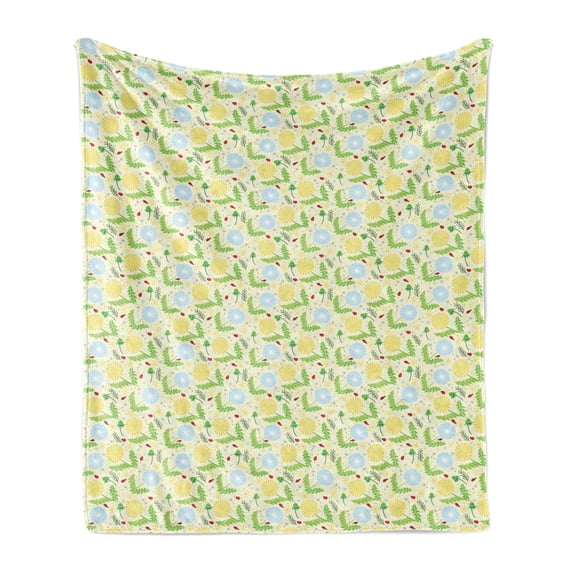 Dandelion Soft Flannel Fleece Blanket, Composition of Blowballs Ladybugs and Leaves Colorful Lively Spring Season Nature, Cozy Plush for Indoor and Outdoor Use, 60" x 80", Multicolor, by Ambesonne