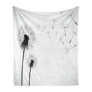 Dandelion Soft Flannel Fleece Throw Blanket, Blowing Away Floral Illustration Monochrome Arrangement Romantic Pattern, Cozy Plush for Indoor and Outdoor Use, 50" x 70", Black White, by Ambesonne