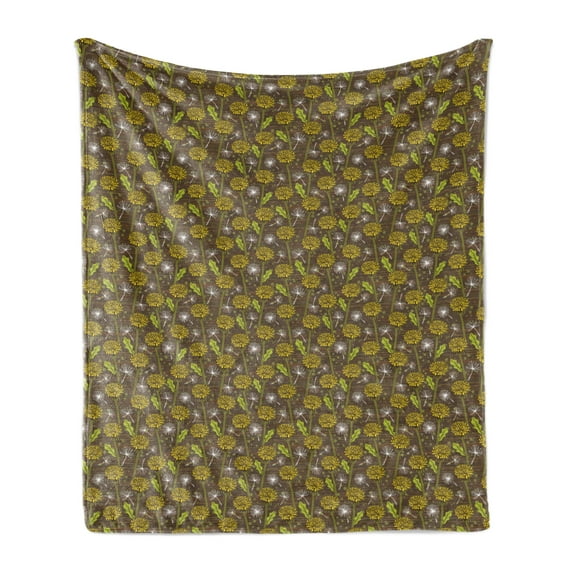Dandelion Soft Flannel Fleece Throw Blanket, Daisy Blossom Petals Buds with Leaves Earth Tones Rural Flower, Cozy Plush for Indoor and Outdoor Use, 60" x 80", Lime Green Umber Mustard, by Ambesonne